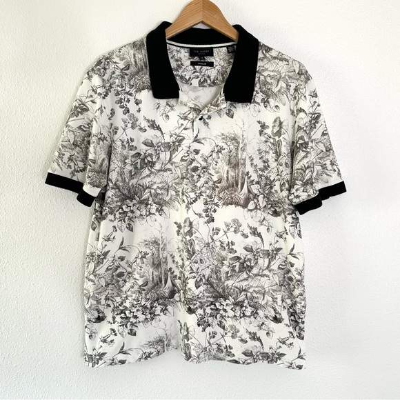 Men’s Ted Baker Black White size 6 Floral Polo - Picture 2 of 6